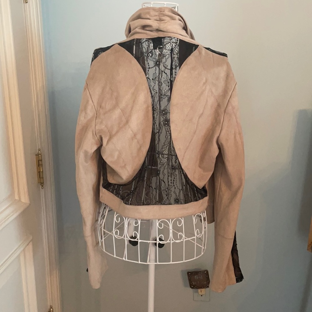 Caribbean Queen tan faux suede and black lace open front cropped jacket - NWT